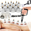Un juego de 18 vasos y herramientas de cupping a la mano, mostrados junto a la espalda de una persona para un tratamiento de 