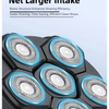 Close-up view of a double-ring blade net larger intake shaver with blue accents and hexagonal design