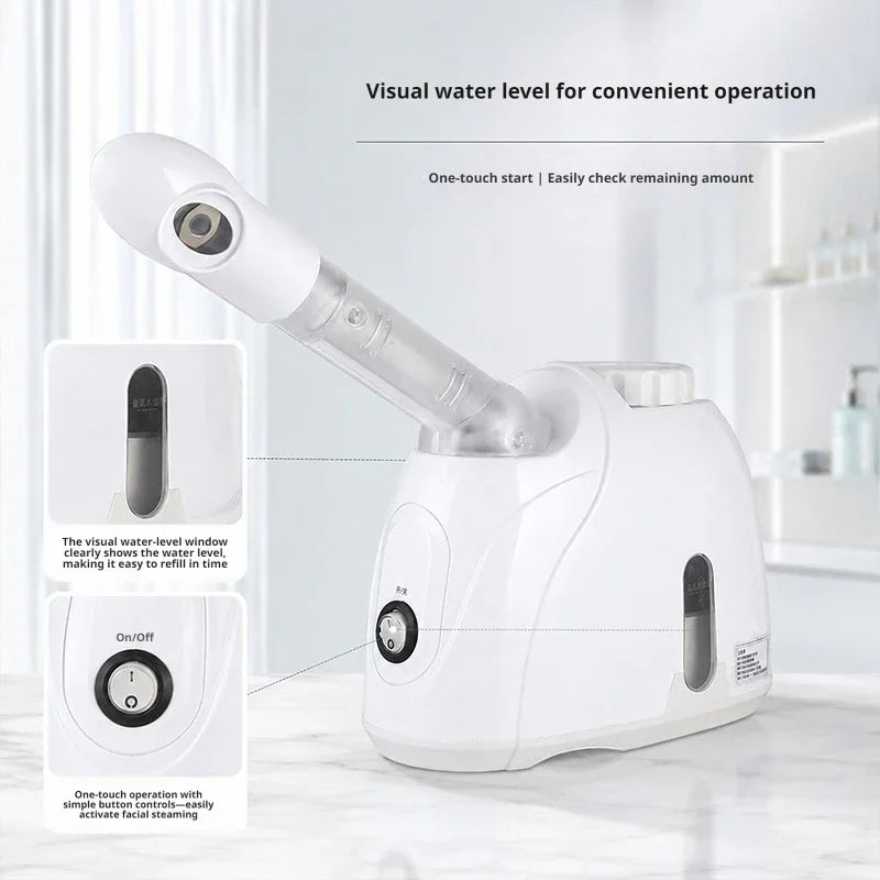 A white facial steamer device with a visual water level window and an on/off switch is shown on a marble surface.