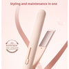 A pink mini portable rolling and straightening hair tool is shown against a light background.