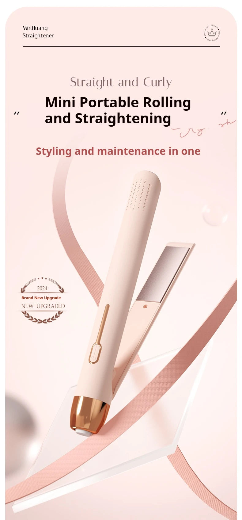 A pink mini portable rolling and straightening hair tool is shown against a light background.