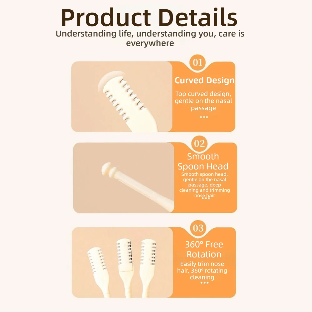 Product details showing a curved design, smooth spoon head, and 360 degree rotation of a reusable double-sided nose hair trim