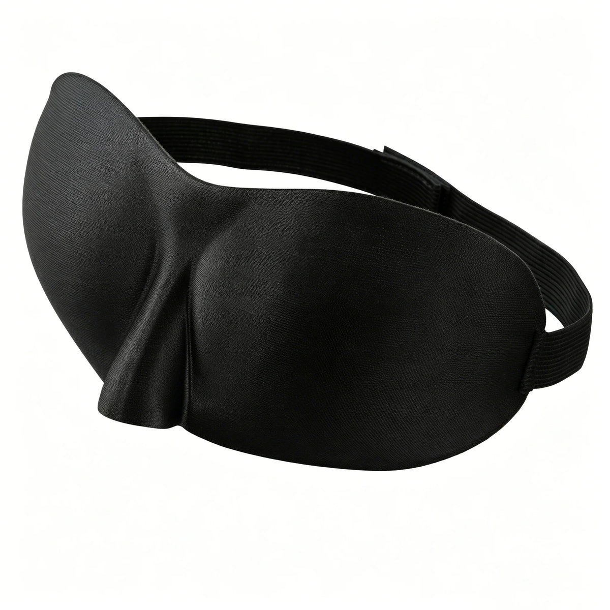 Masque de sommeil noir ajustable porté sur le front et les yeux d'une personne.