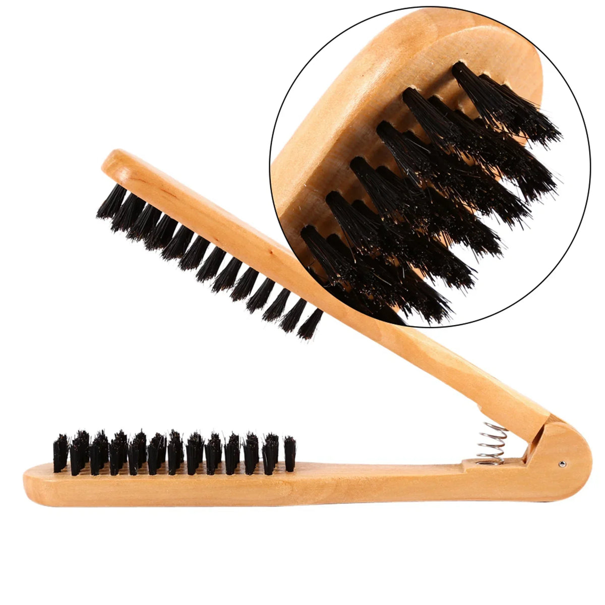 A wooden double-sided hair comb with black bristles shown in a close-up view.