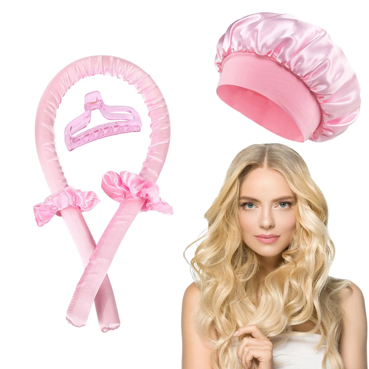 A woman models a pink satin heatless curling rod headband and bonnet set.