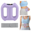 A purple body massage ring and a gray strap are shown with usage examples on a person's torso.