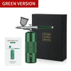 A green version of a mini air compressor nail art spray tool is shown next to its black packaging box.
