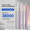 A set of four thin and long electric toothbrushes in silver and purple colors displayed on a white surface.