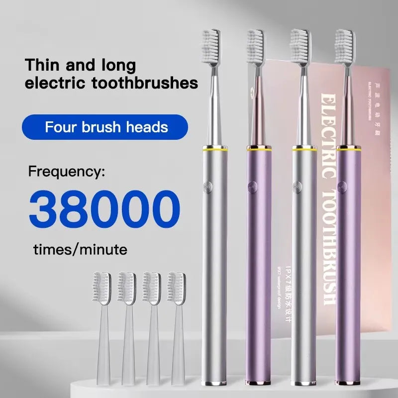 A set of four thin and long electric toothbrushes in silver and purple colors displayed on a white surface.