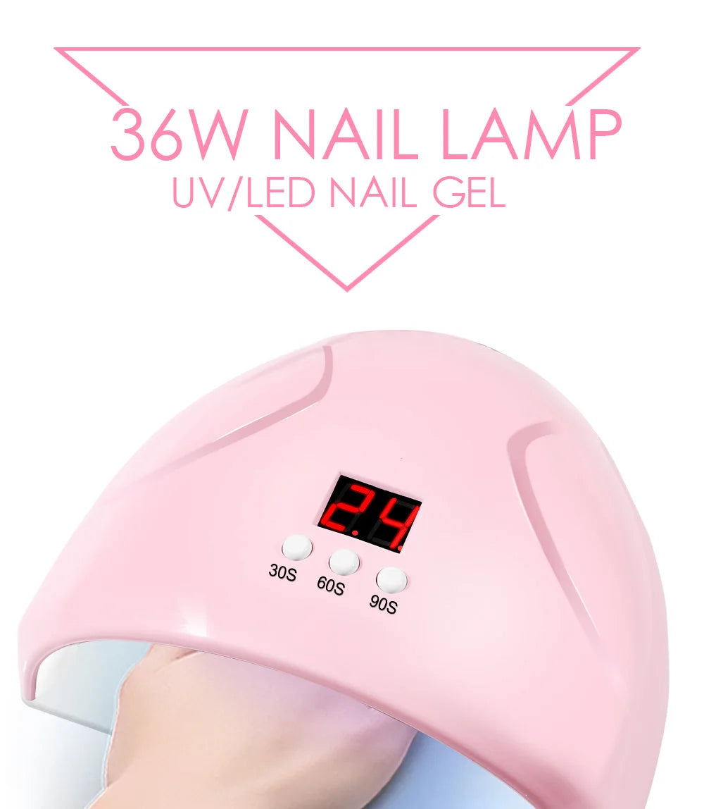 A pink 36W nail lamp with a digital display showing 2.4 and three power settings: 30S, 60S, and 90S.