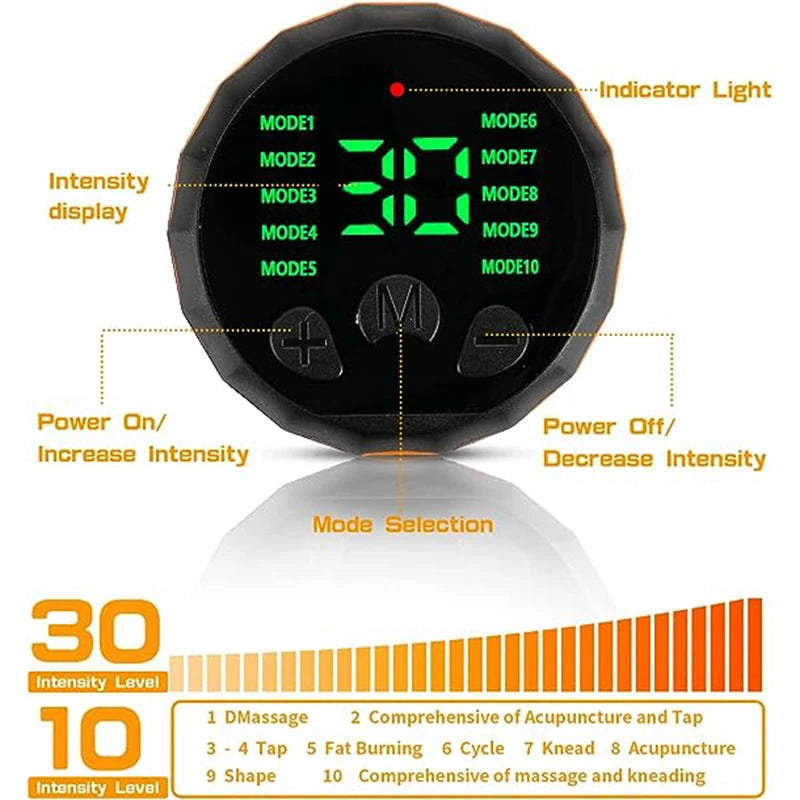 Schwarze Bauchmuskel-Trainingsgurt mit LED-Anzeige und Modi-Auswahlknöpfen.