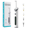 A white multifunctional electric tooth polisher device with various attachments shown next to its packaging.