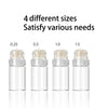 Four sizes of microneedling stamps ranging from 0.25 to 1.5 mm are displayed.