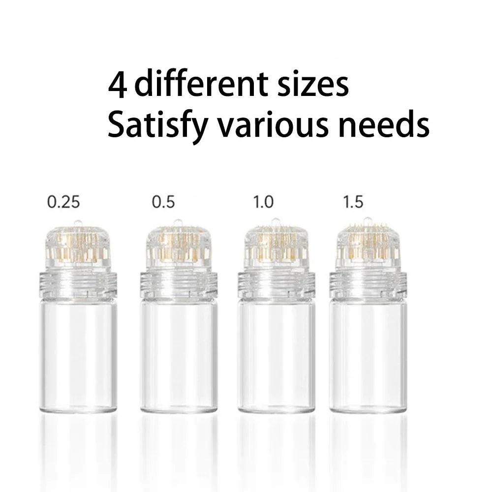 Four sizes of microneedling stamps ranging from 0.25 to 1.5 mm are displayed.
