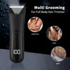 A black multi grooming body hair trimmer is shown with close-ups demonstrating use on underarms, chest, and groin areas.