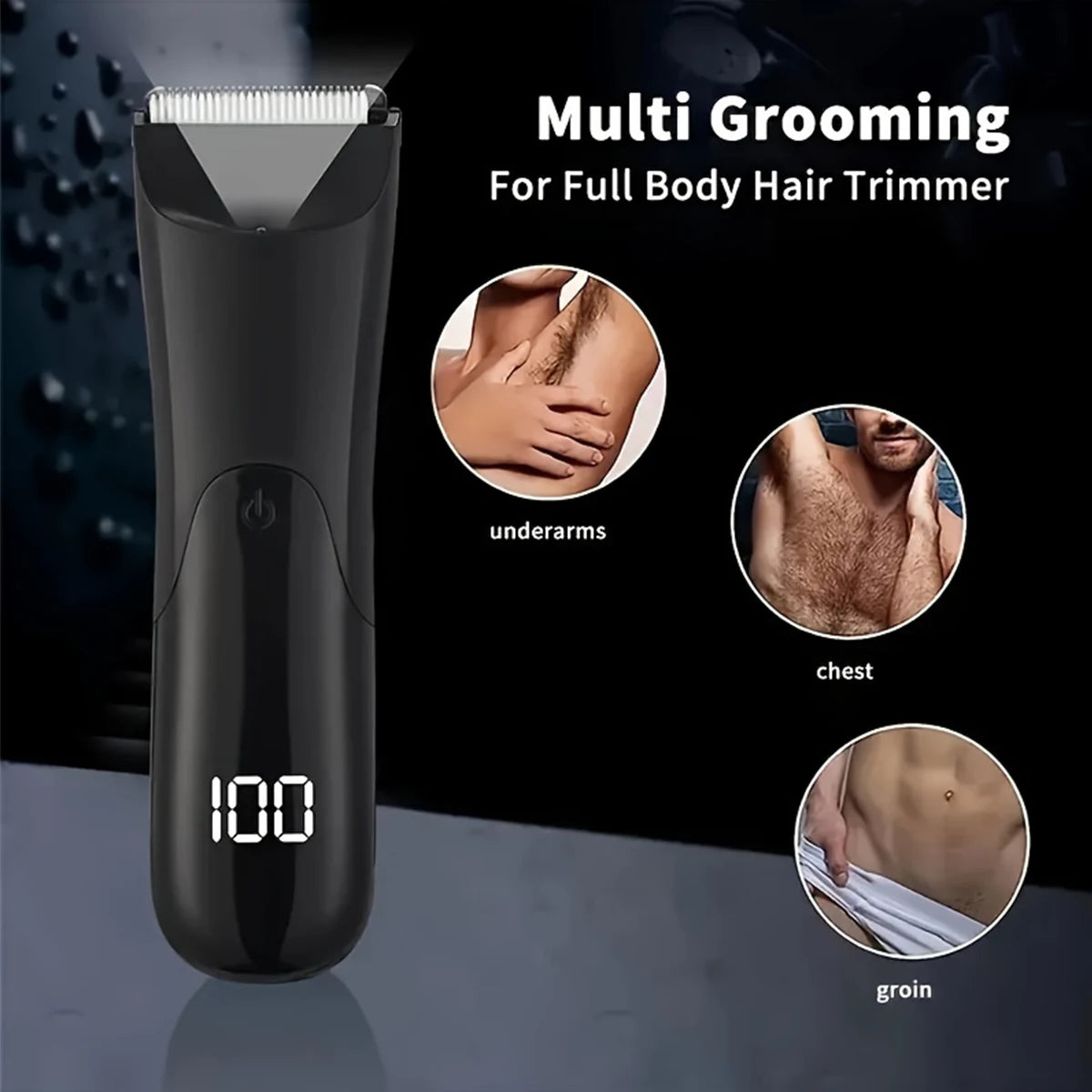 A black multi grooming body hair trimmer is shown with close-ups demonstrating use on underarms, chest, and groin areas.