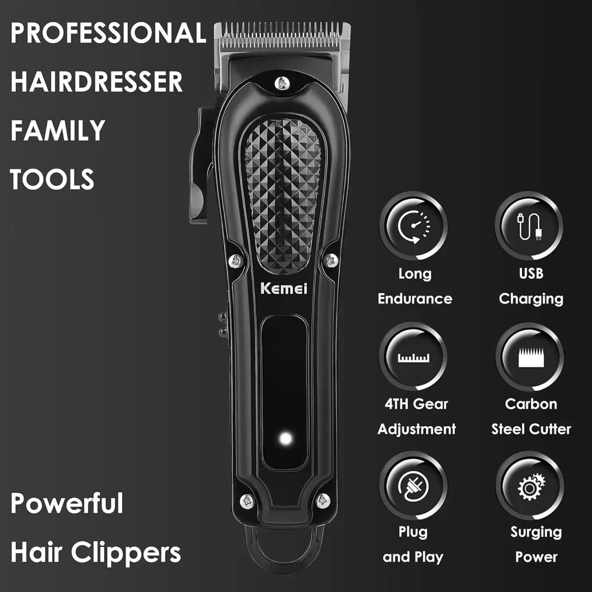 A black professional cordless hair clipper tool with a textured grip and various adjustment settings.
