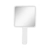 Miroir de maquillage portable compact avec surface réfléchissante carrée et poignée.