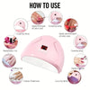 Diagram showing how to use a pink UV/LED nail curing lamp for applying and curing color coat layers.