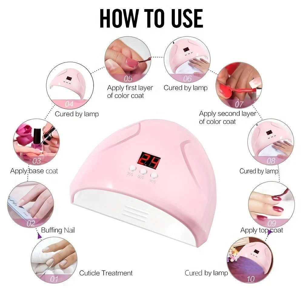 Diagram showing how to use a pink UV/LED nail curing lamp for applying and curing color coat layers.
