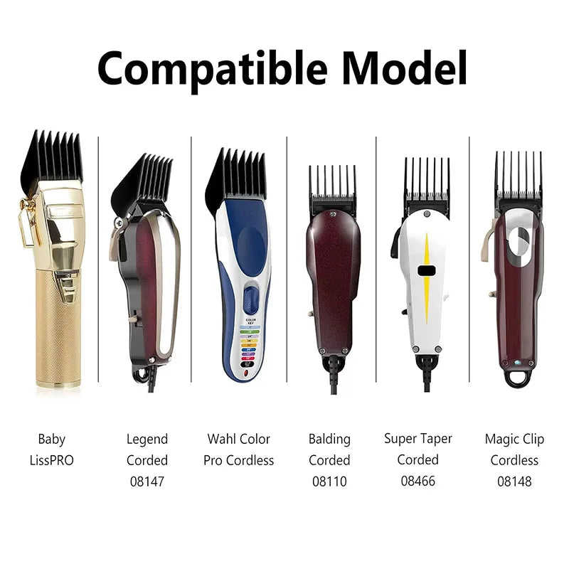 A set of compatible hair clipper guide combs and attachments for various models.