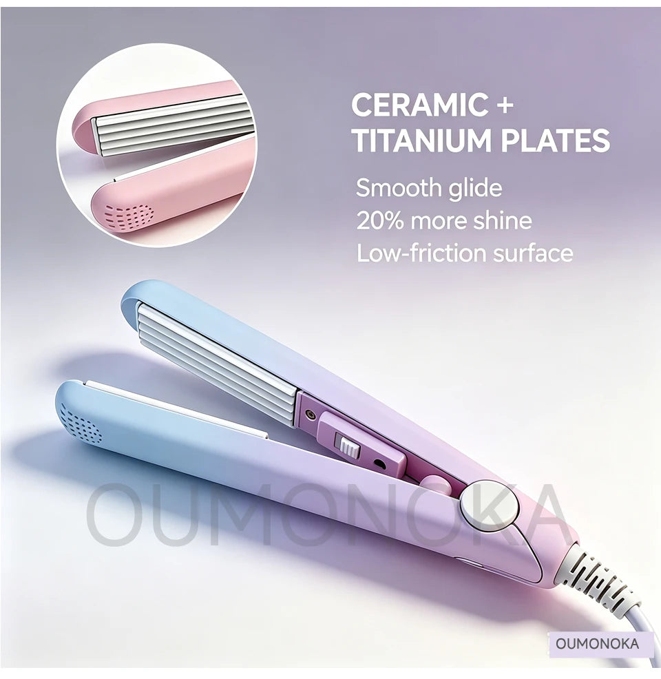 A pink ceramic hair curler and straightener with titanium plates shown in a close-up view.