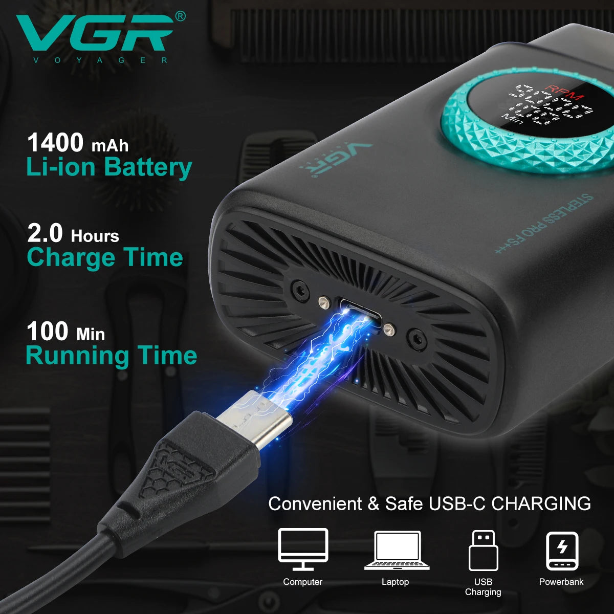 A VGR Voyager electric trimmer with a USB-C charging cable and various device icons shown on a dark background.