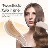 A woman is using a beige detangling scalp massage hairbrush on her long brown hair.