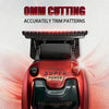 A close-up of a red and black professional rechargeable hair clipper trimmer with an OMM cutting guard.