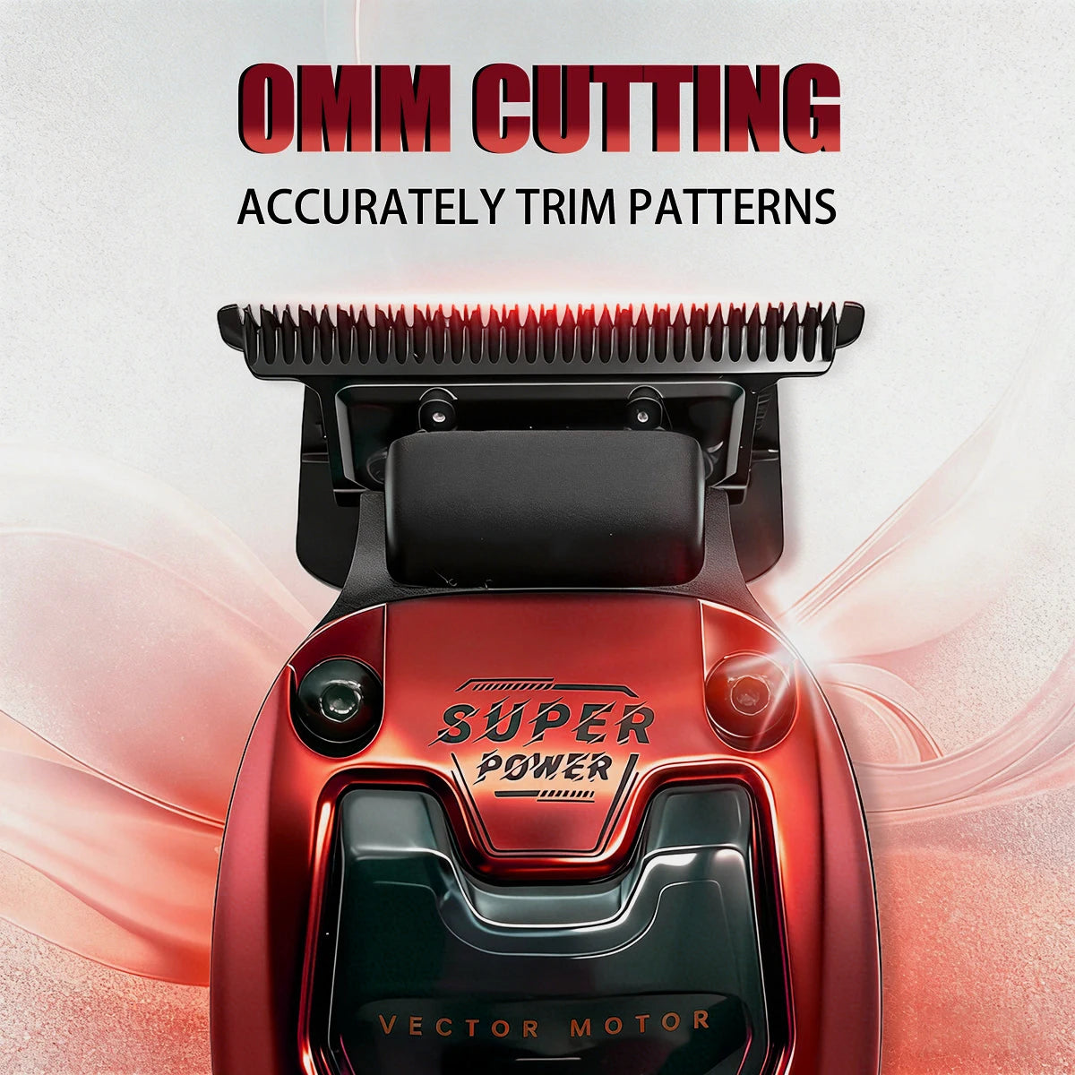 A close-up of a red and black professional rechargeable hair clipper trimmer with an OMM cutting guard.