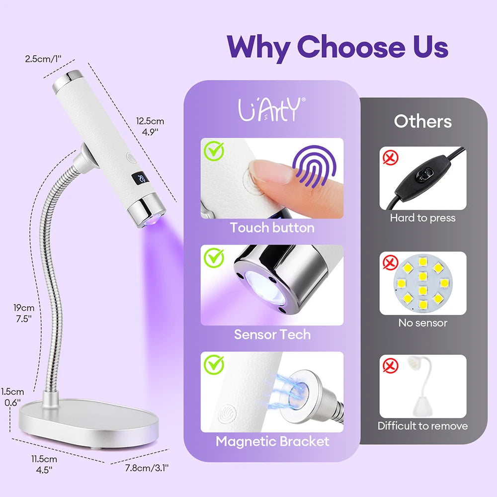 A white portable dual-mode gel nail lamp with a flexible stand and magnetic bracket is shown.