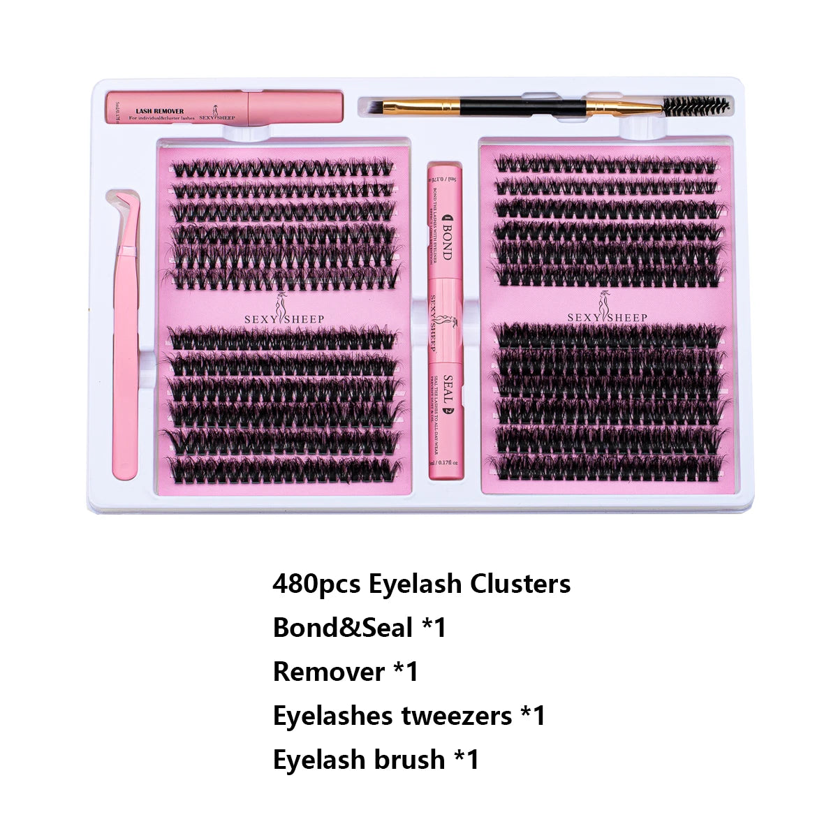 A pink DIY eyelash clusters kit featuring 480 eyelash clusters, a bond and seal tool, remover, tweezers, and an eyelash brush
