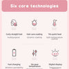 Marketing graphic listing six core technologies for a portable dual-switch hair straightener and curler.
