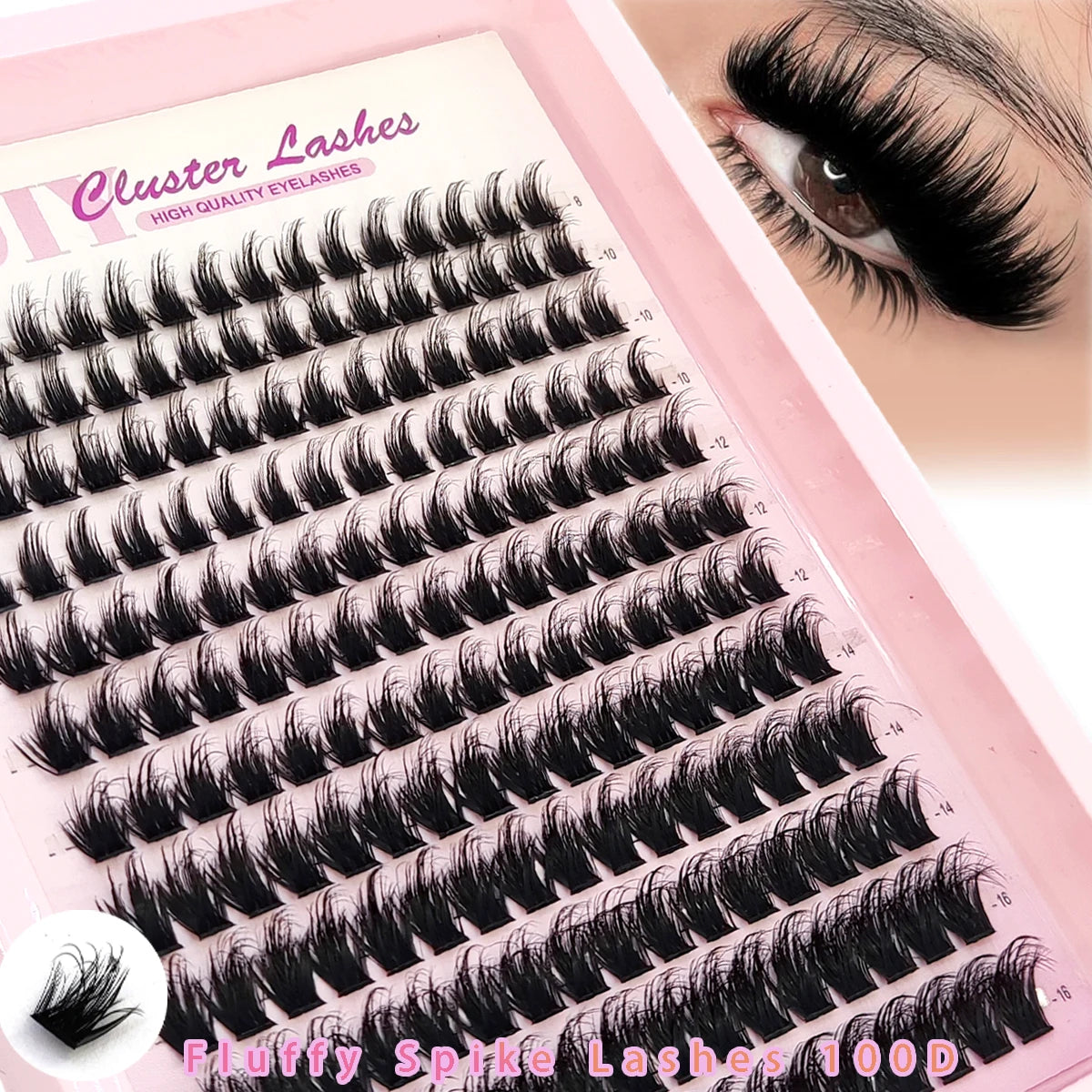 Gros plan d'un kit de cils roses montrant plusieurs rangées de cils en grappes noires et des cils épiés moelleux.