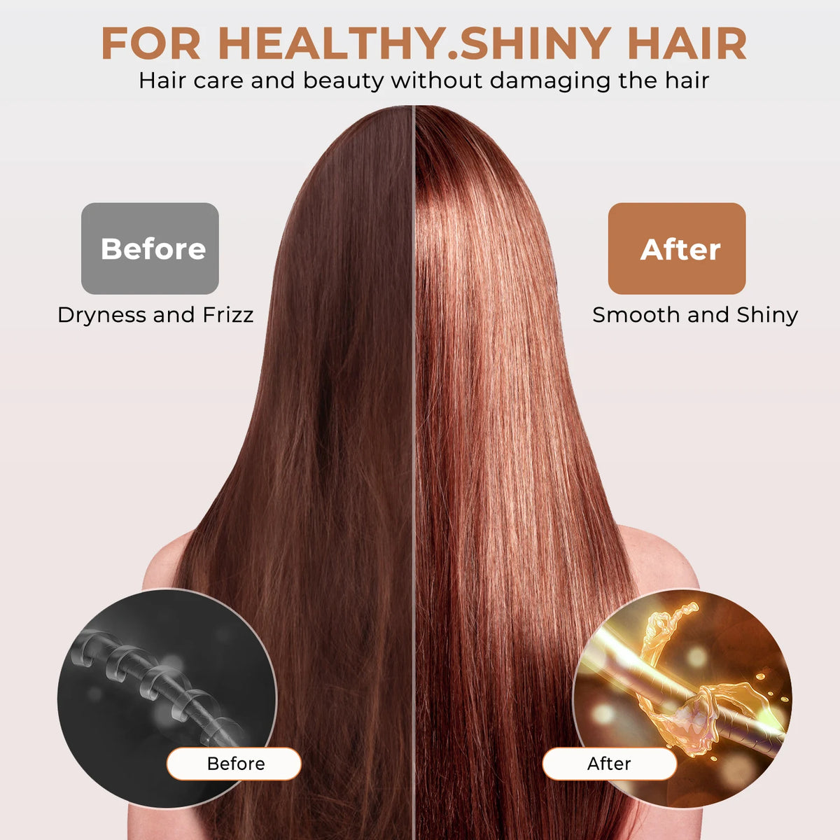 Comparación antes y después de la transformación del cabello: de seco y encrespado a suave y brillante con una plancha 2 en 1