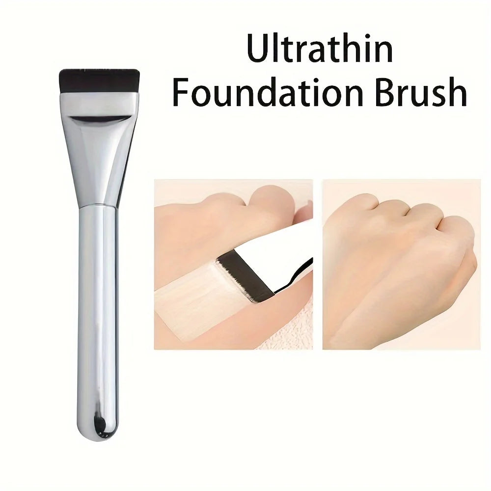 A silver Ultrathin foundation brush shown next to close-up images demonstrating its use on skin.