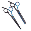 A pair of professional 6-inch stainless steel hairdressing scissors with blue handles and black blades.