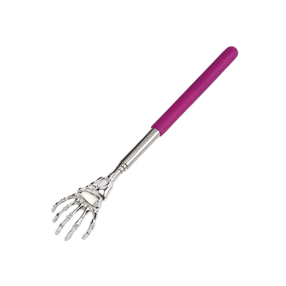 A telescoping stainless steel back massager with a purple handle and a flexible metal hand.
