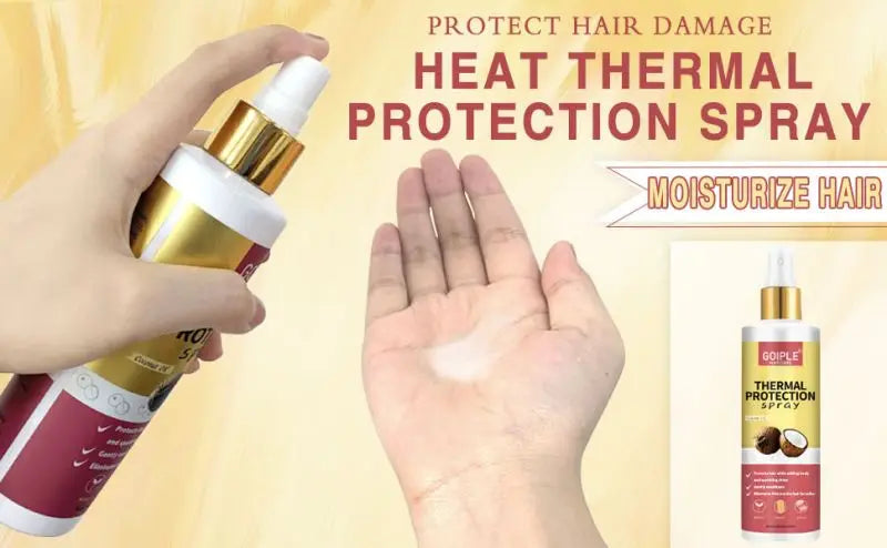 A hand is spraying a bottle of heat thermal protection spray onto the palm of the hand for hair protection.