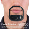 A close-up of a black precision trimming template being used on a man's upper lip and beard area.