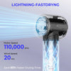 A hair styling dryer brush emitting a powerful, fast-drying light beam with specifications showing 110,000 RPM motor speed an