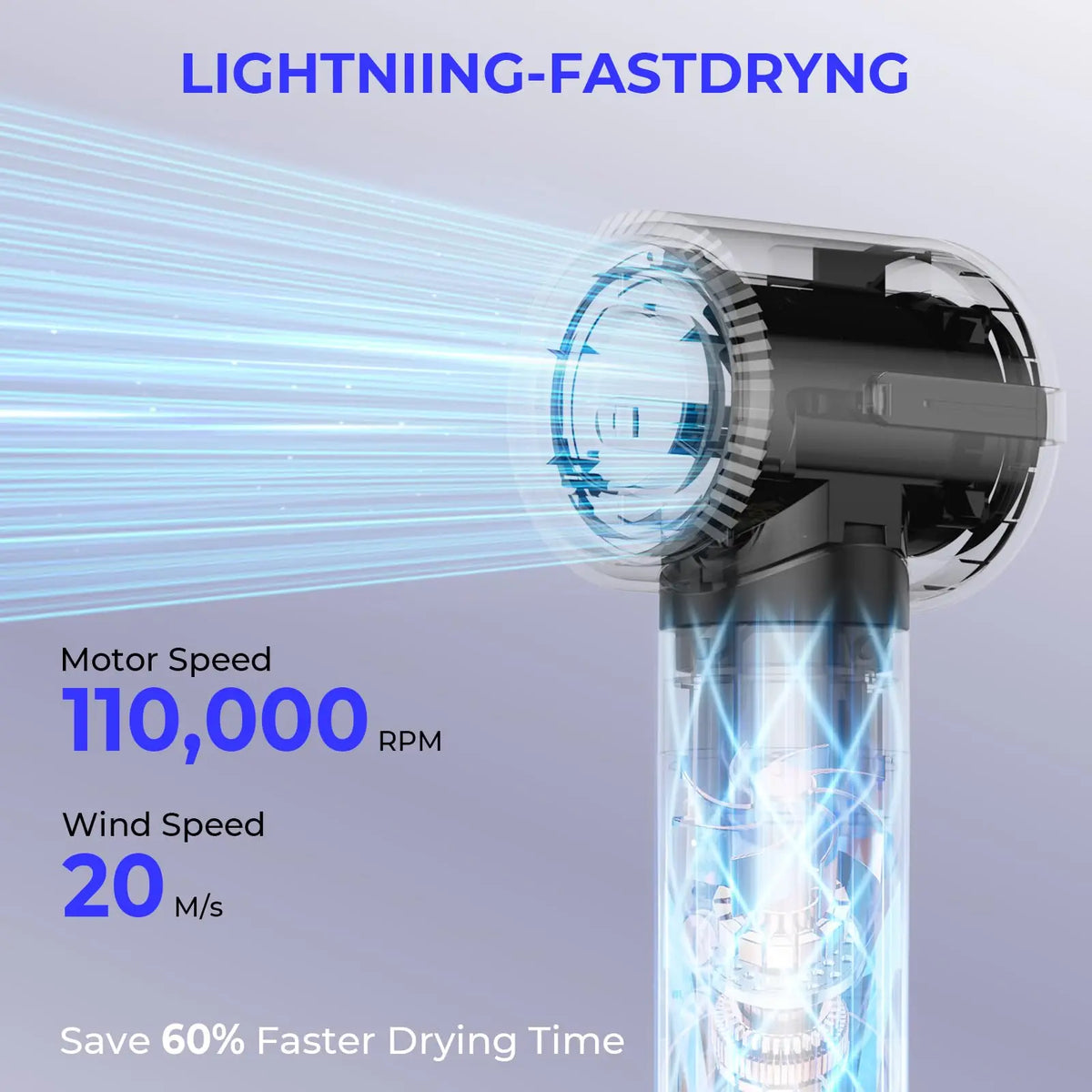A hair styling dryer brush emitting a powerful, fast-drying light beam with specifications showing 110,000 RPM motor speed an
