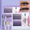 A kit for DIY soft volume eyelash cluster extensions showing various lash tools and finished lashes.