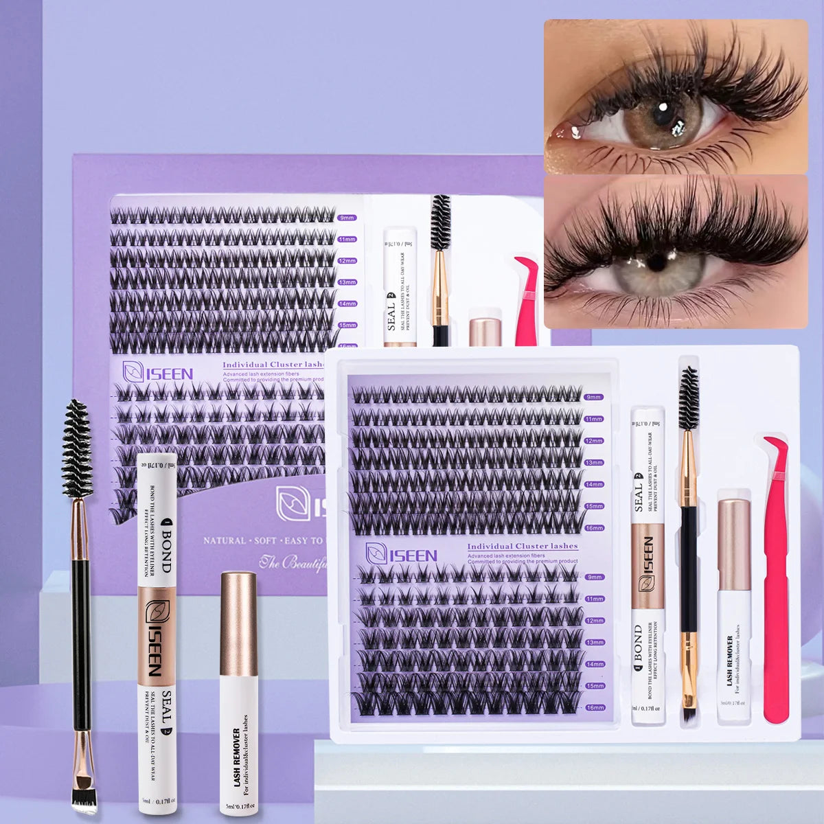 A kit for DIY soft volume eyelash cluster extensions showing various lash tools and finished lashes.