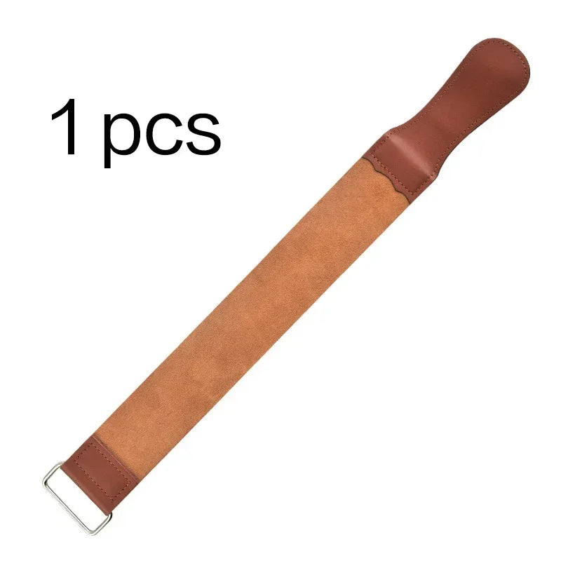 A brown leather sharpening strop with a metal attachment for straight razors.