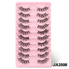 A pink plastic tray holding multiple pairs of clear band cat eye false eyelashes.