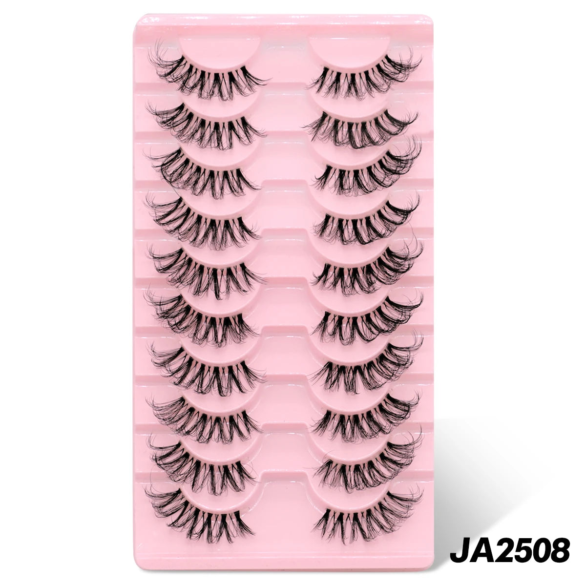 A pink plastic tray holding multiple pairs of clear band cat eye false eyelashes.