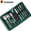 A green manicure and pedicure kit with various stainless steel tools is displayed in a protective travel case.