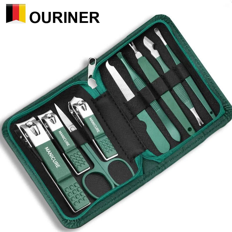 A green manicure and pedicure kit with various stainless steel tools is displayed in a protective travel case.
