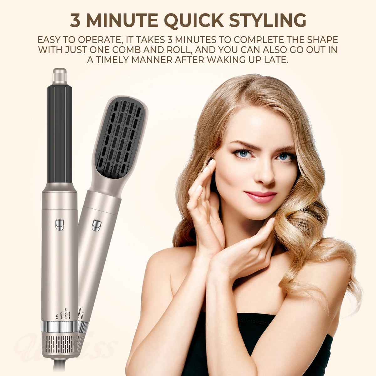 A woman is using a professional hair dryer and styling brush for quick hair styling.